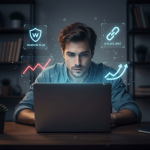 A young digital entrepreneur sitting at a dimly lit desk, glowing laptop screen reflecting a look of realization and clarity, floating icons of Warrior Plus, affiliate links, and rising graph lines orbiting the scene like holograms, moody cinematic lighting, shallow depth of field, subtle bokeh, soft neon blues and reds, atmosphere of possibility and momentum.