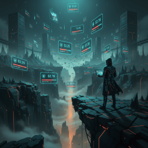 Cinematic digital art showing a lone marketer on a cliff overlooking a vast, neon-lit digital marketplace with floating holographic product cards and metrics (EPC, refunds) in teal and amber light, symbolizing the scale of Warrior Plus.