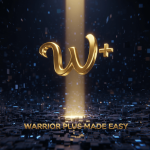 A high-contrast 3D render of a gold 'W+' logo floating over a dark blue digital background, with the metallic text warrior plus made easy at the bottom.