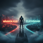 Beginner affiliate choosing between Warrior Plus vs ClickBank at a digital crossroads
